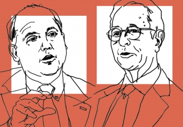 Line art drawing of Strine and Millstein on an orange background
